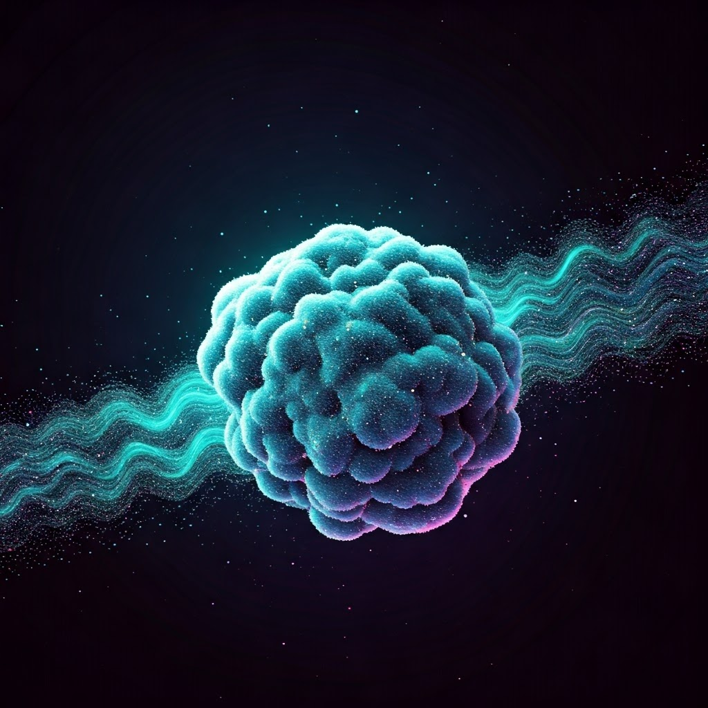 Digital art of a glowing quantum particle surrounded by teal and violet probability waves, illustrating electron uncertainty.