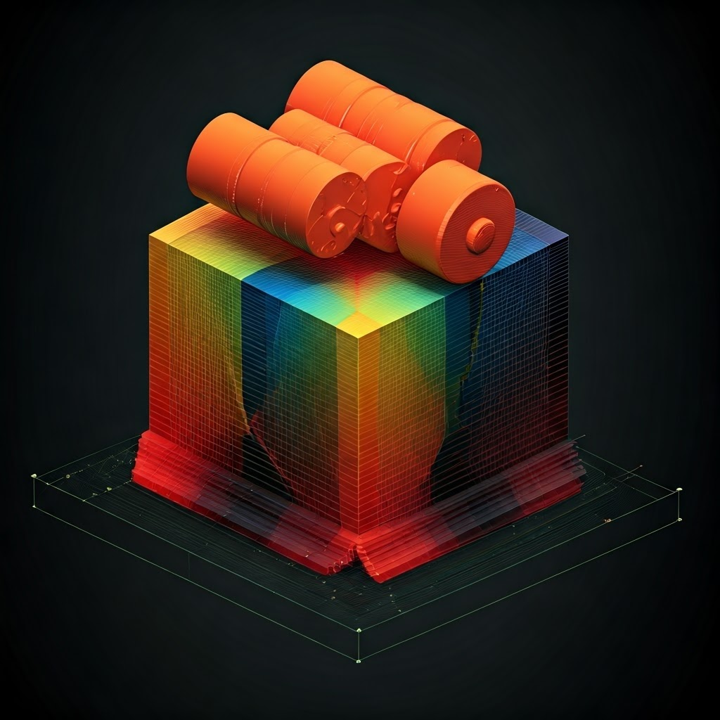 Colorful high-dimensional plot where each axis is a joint angle, with safe zones glowing and forbidden volumes shaded deep red