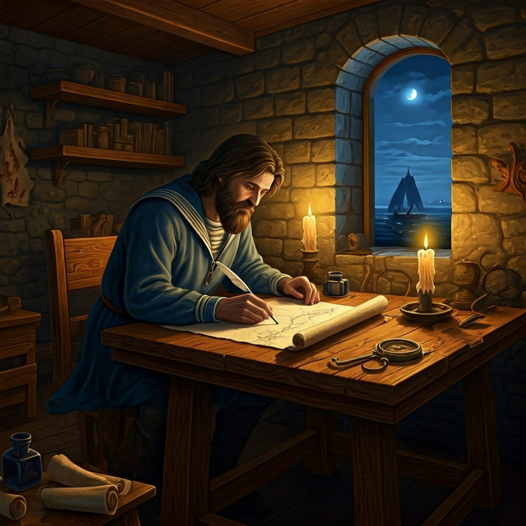 Medieval cartographer tracing a coastline and sea monsters on parchment under candlelight, capturing the mix of artistry and guesswork in early navigation