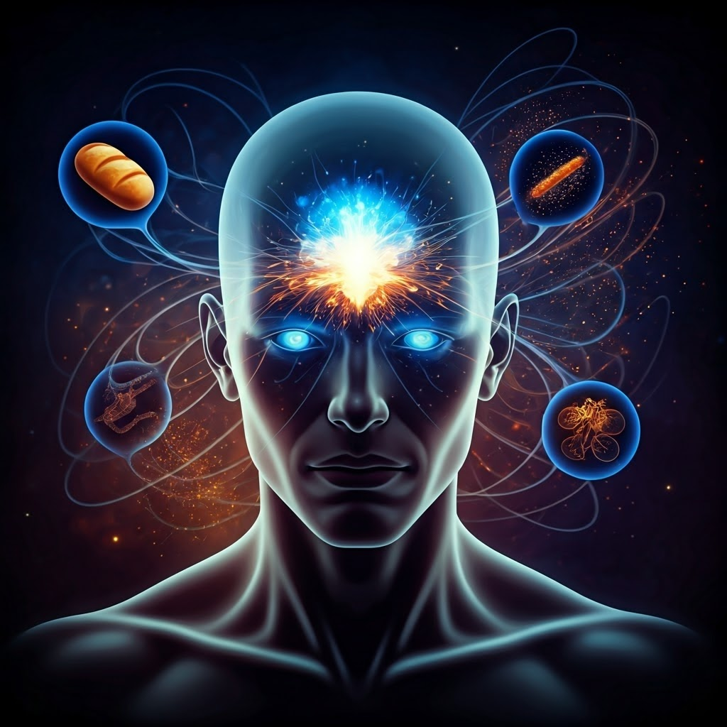 Illustration of a glowing human head surrounded by sensory orbs—blue flash, bread smell, bike-chain squeak—linked to memories.