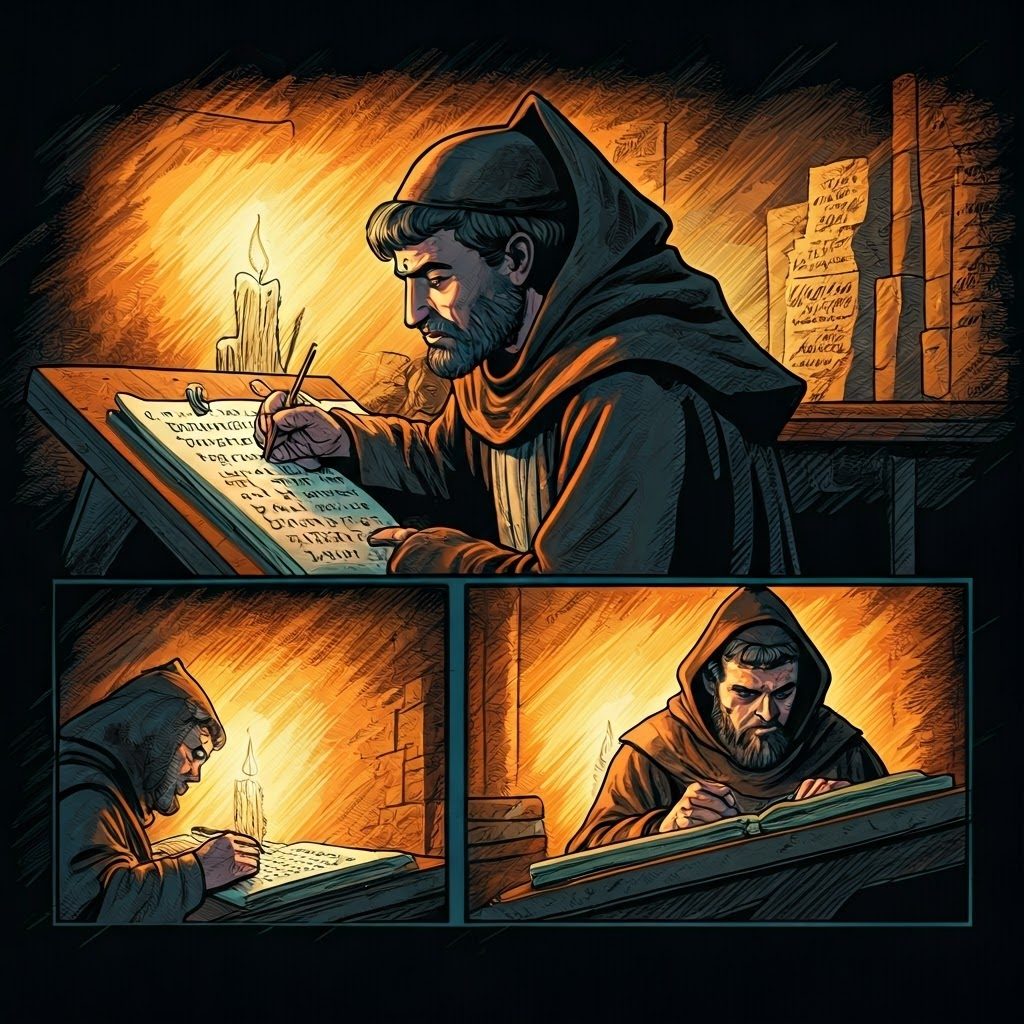 Focused monks in a dim scriptorium, copying texts by candlelight. Retro comic style captures their intense concentration.