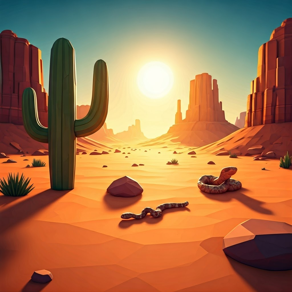 Low-poly render shows sun-baked dunes, rocky plains, and a stylized saguaro with a rattlesnake, symbolizing hot deserts.