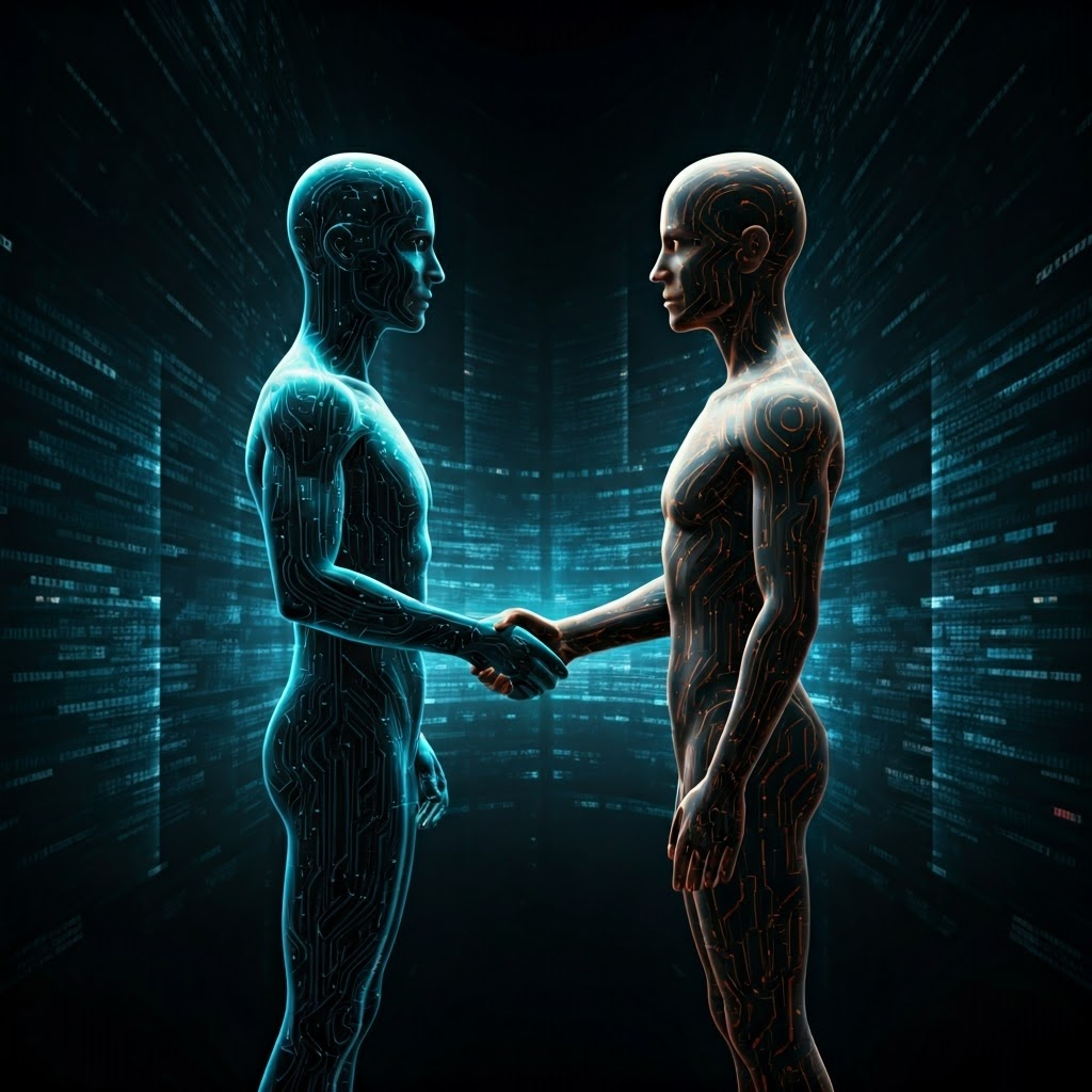 Two glowing humanoid figures made of circuit patterns shaking hands amid floating code, representing a secure digital agreement