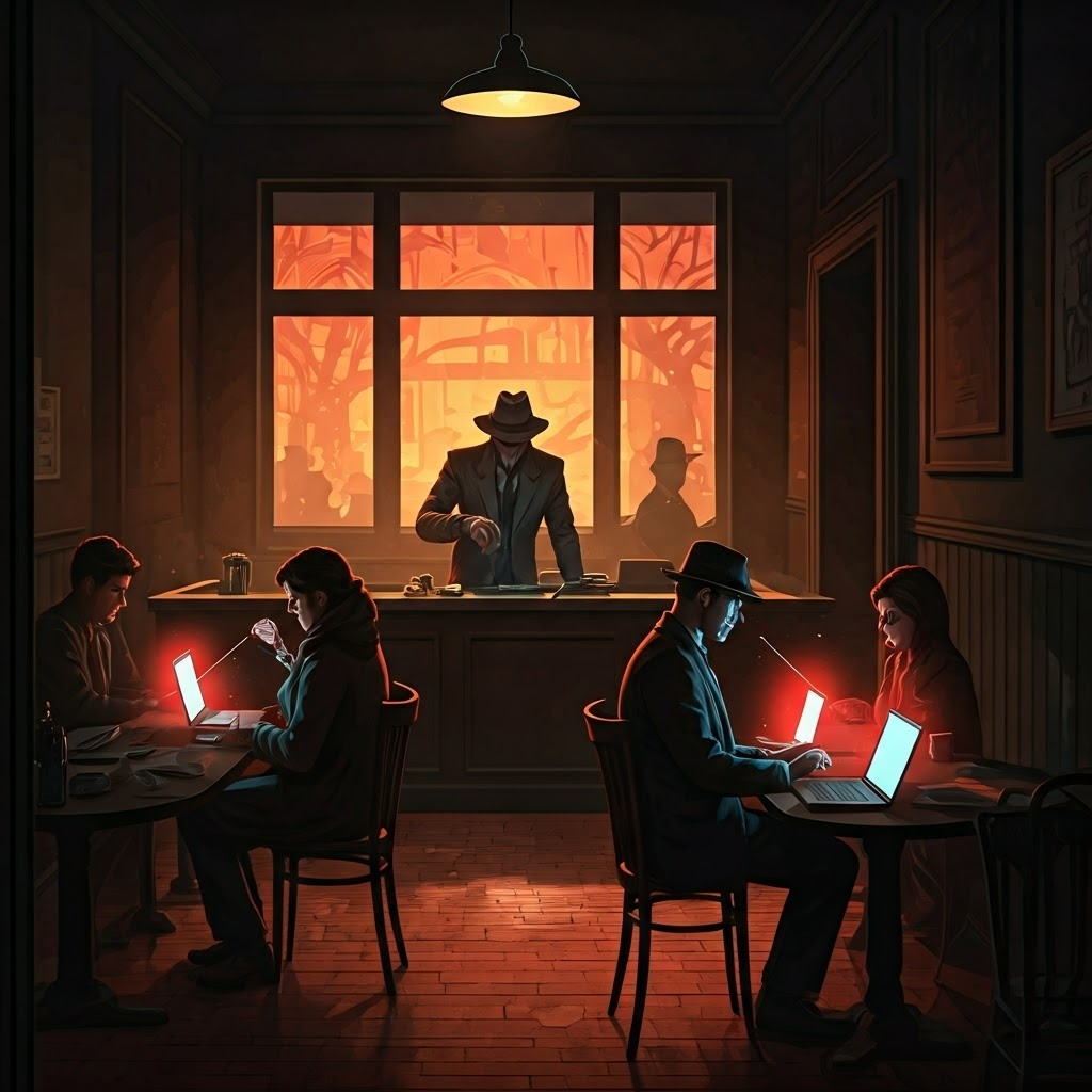 Shadowy hacker in a coffee shop siphoning red data streams from laptops