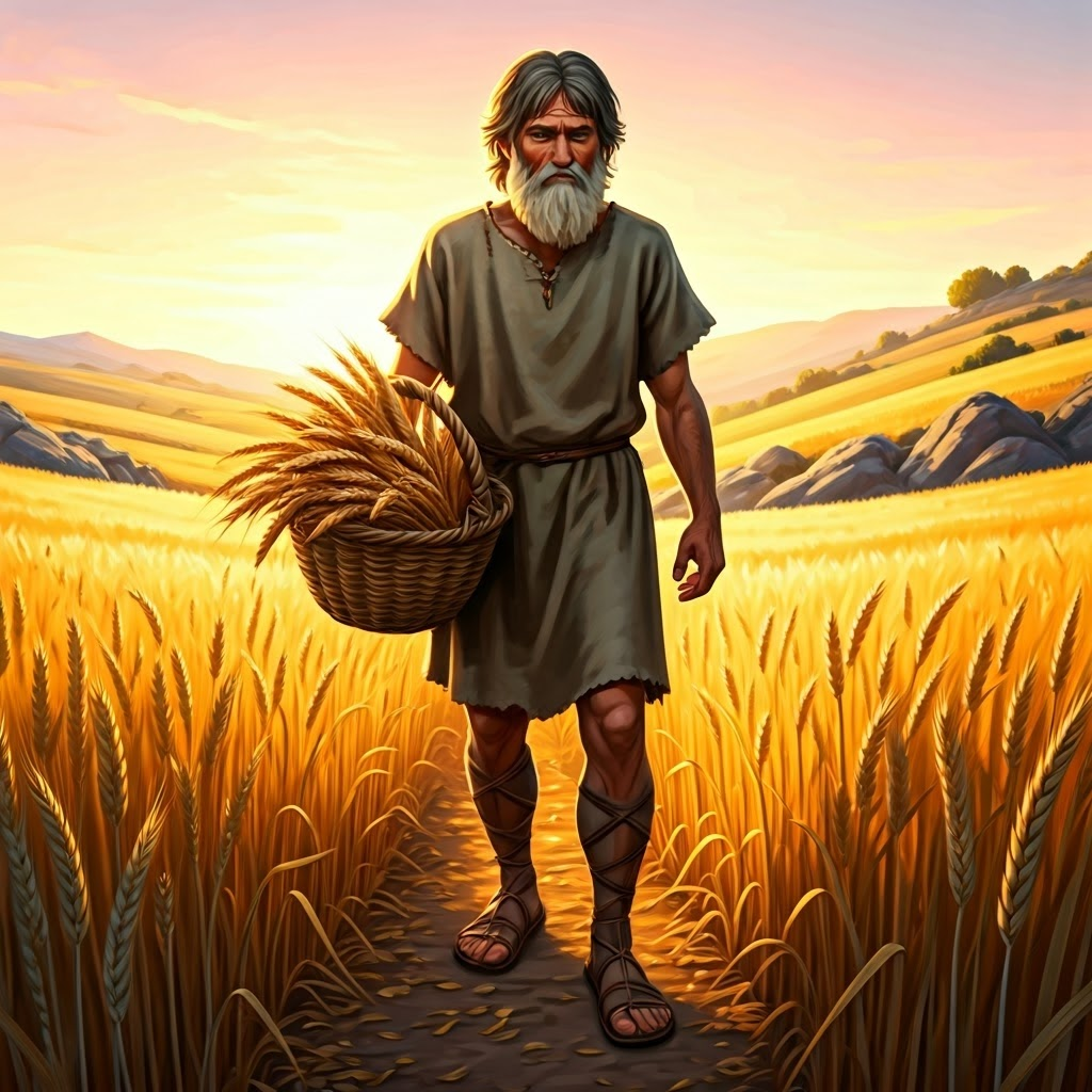 Neolithic farmer selecting robust wheat at sunrise, illustrating the origins of crop domestication.