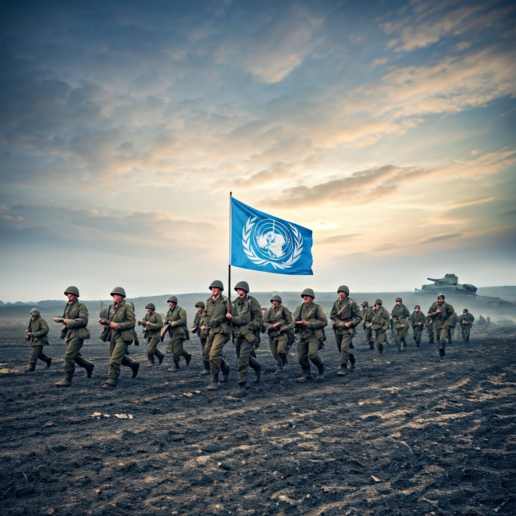 A wide-angle shot of a multinational UN battalion advancing across a foggy, war-torn field at dawn: American soldiers in olive drab, British in khaki, Turkish in gray-green, all marching under a bright blue UN flag. In the distance, a solitary Soviet T-34 tank looms on a hill. Style: gritty photorealism with stormy, cinematic lighting.