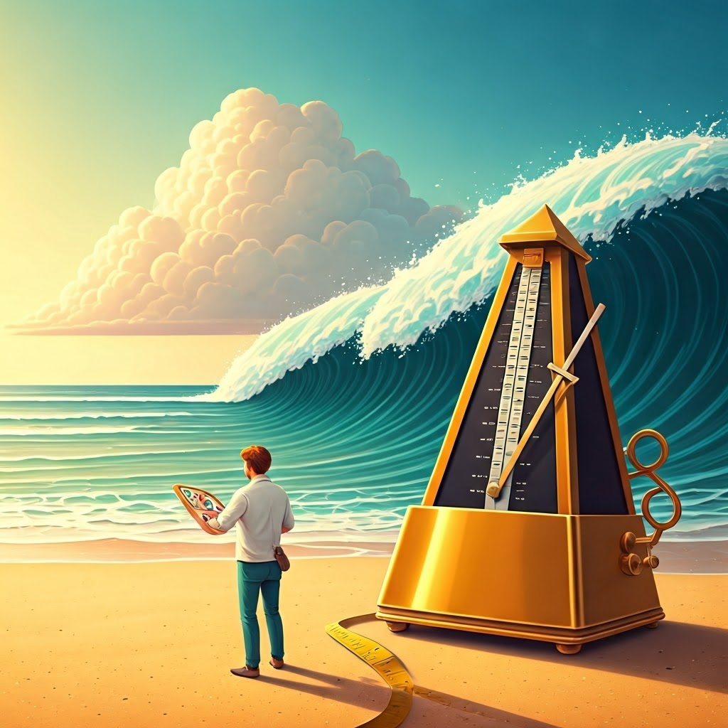 Artist measuring distance between wave crests while a metronome tracks cycles per second.