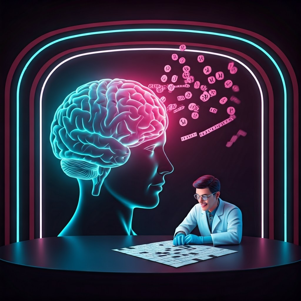 Neon-lit lab scene with glowing brain and scientist, illustrating dopamine pathways and creative discovery.