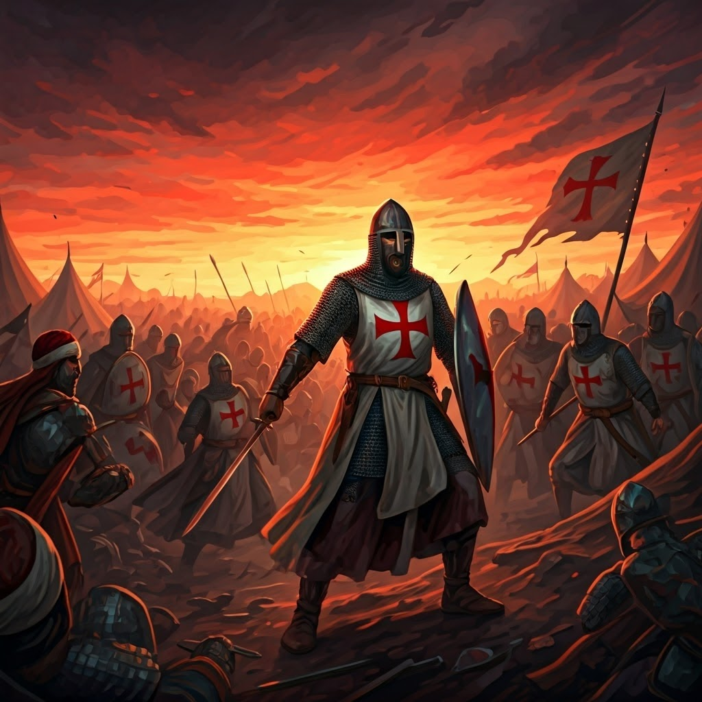 Epic painting of Crusaders clashing with Muslim forces at dawn, symbolizing historic faith conflicts.