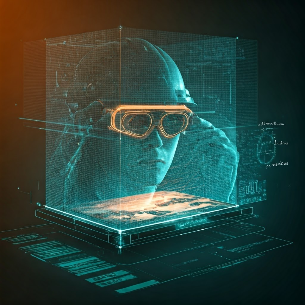 Layered grid filters slide over a photo while a researcher in goggles watches holographic edges appear