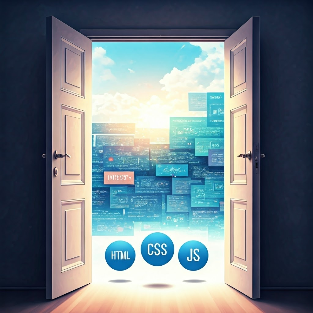 Open doorway with floating HTML, CSS, JS icons leading to a bright digital world—representing opportunity