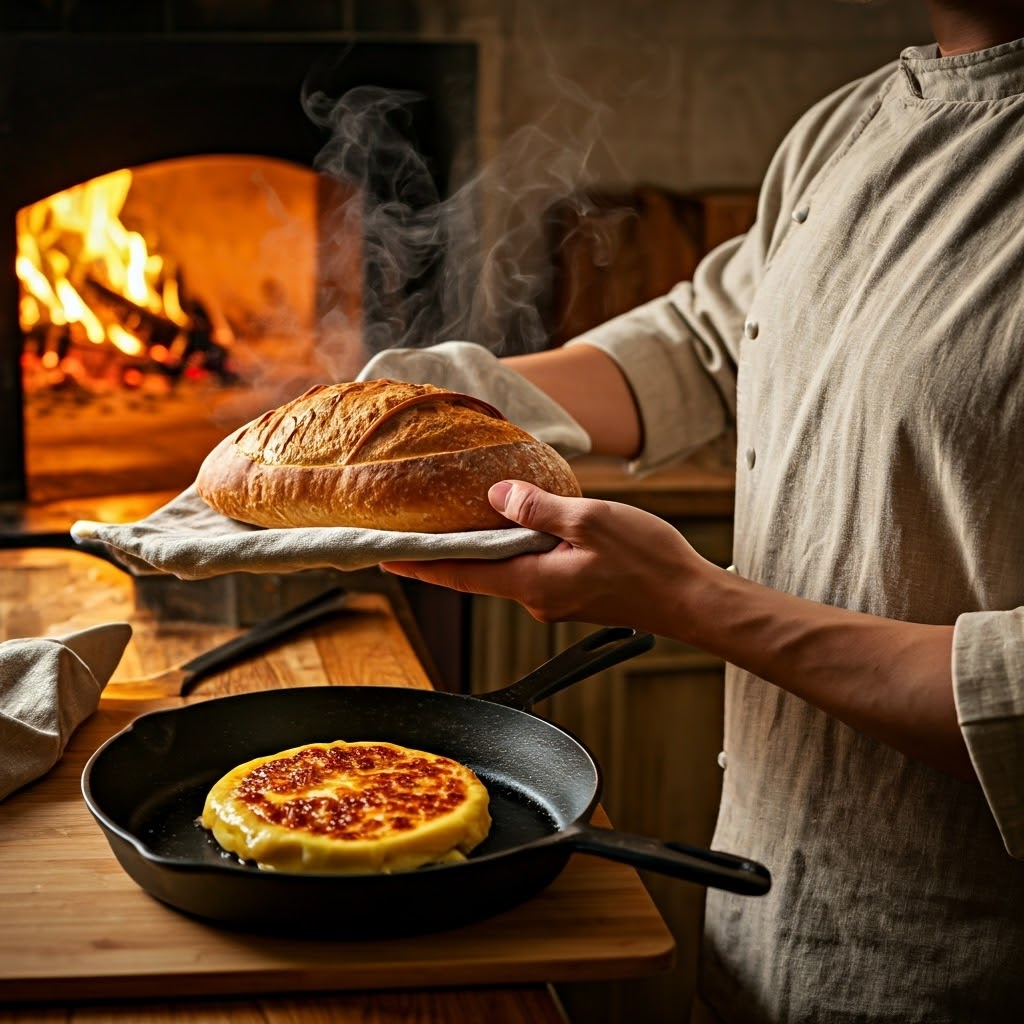 Smiling chef removes freshly baked bread from a wood-fired oven while a cast-iron grilled cheese sizzles, illustrating perfect browning