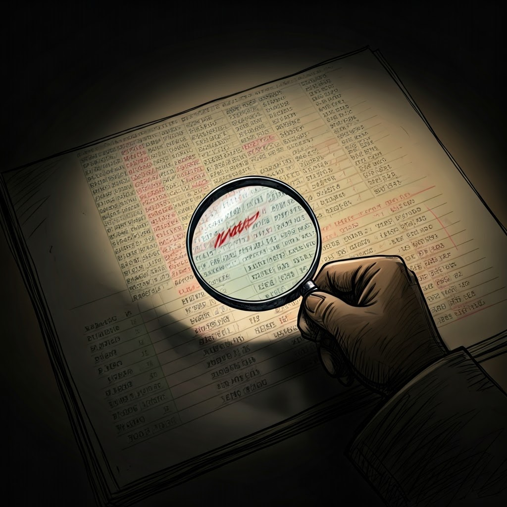 Noir-style detective inspecting a spreadsheet for negative fares and misspelled cities.