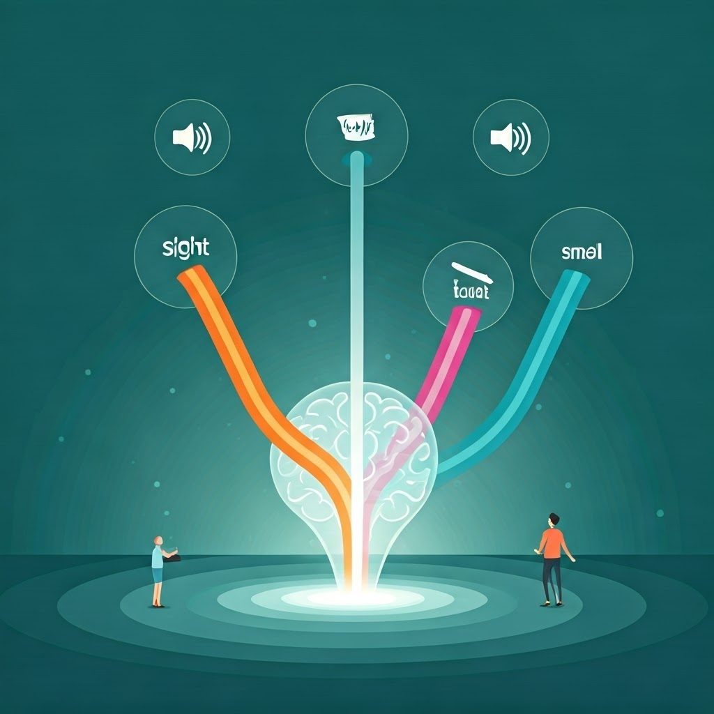 Infographic showing sensory icons funneling through a hippocampus into a glowing archive