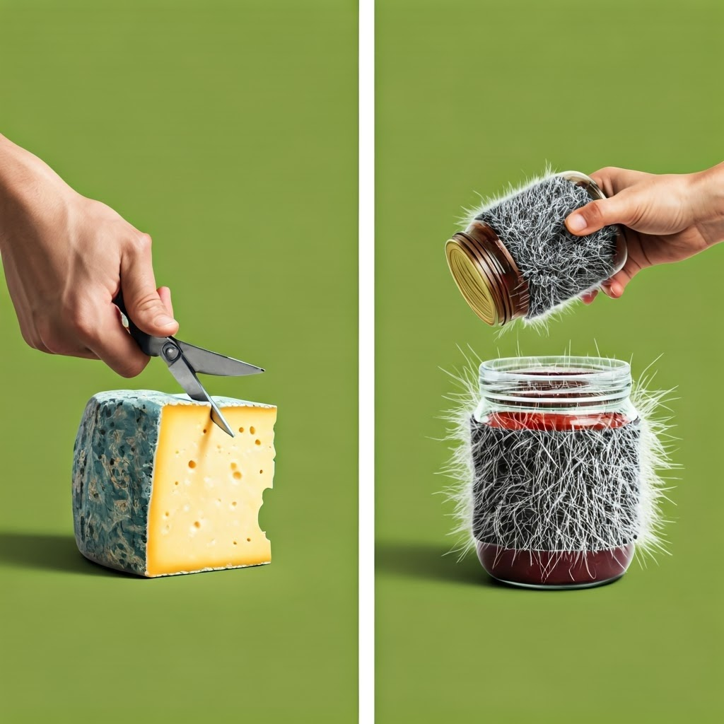 Pop-art graphic shows trimming mold from hard cheese and discarding moldy jam.