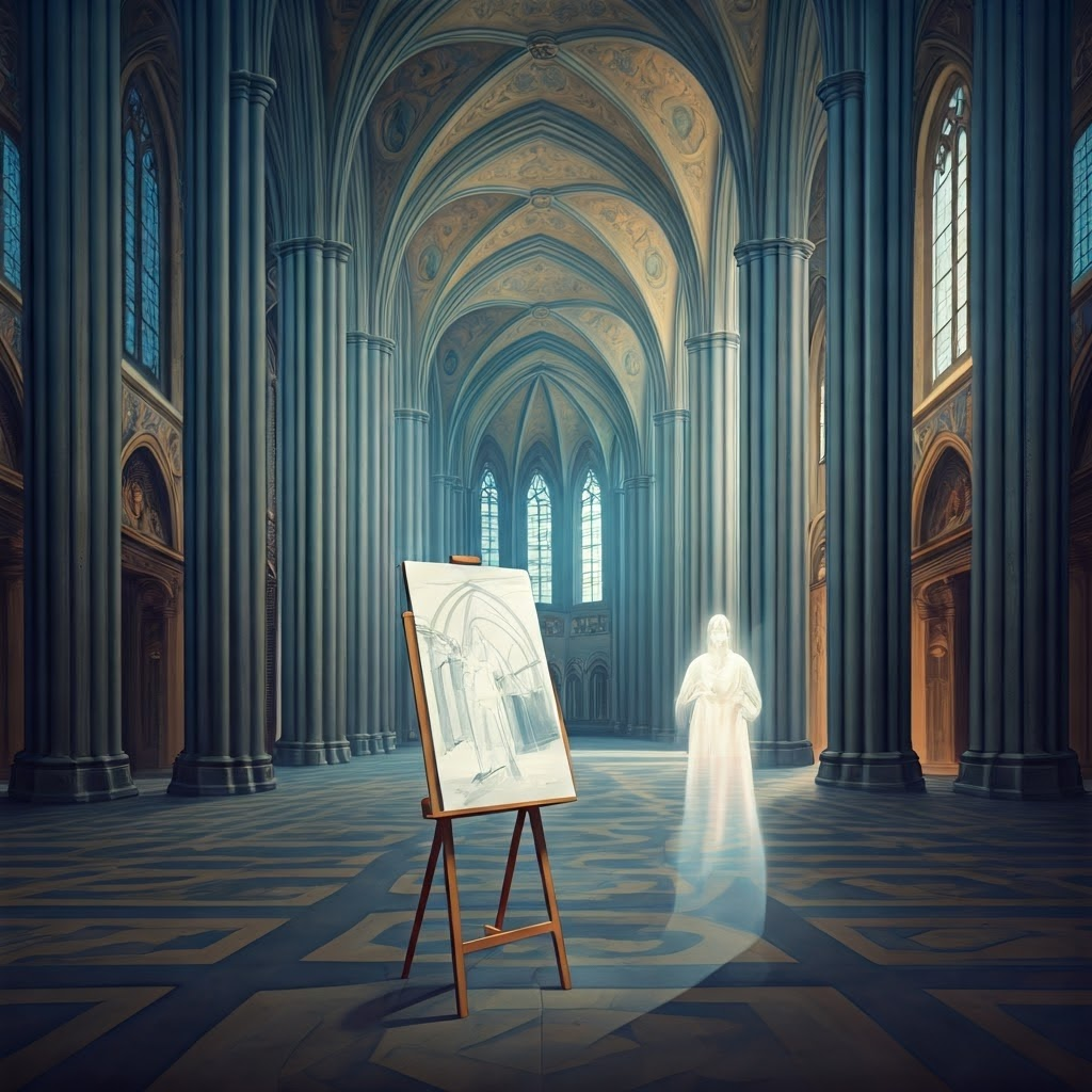 Surreal watercolor of a cathedral interior whose lines flow to a glowing vanishing point while ghostly figures study a perspective grid