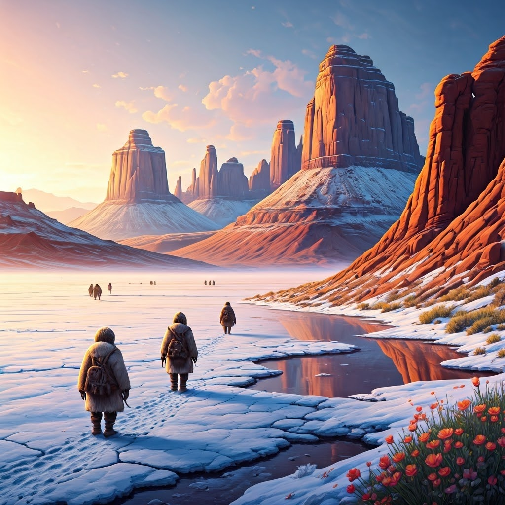 Cinematic painting blends snowy Gobi scenes, red-rock canyons, and a reflective salt flat under pastel skies.