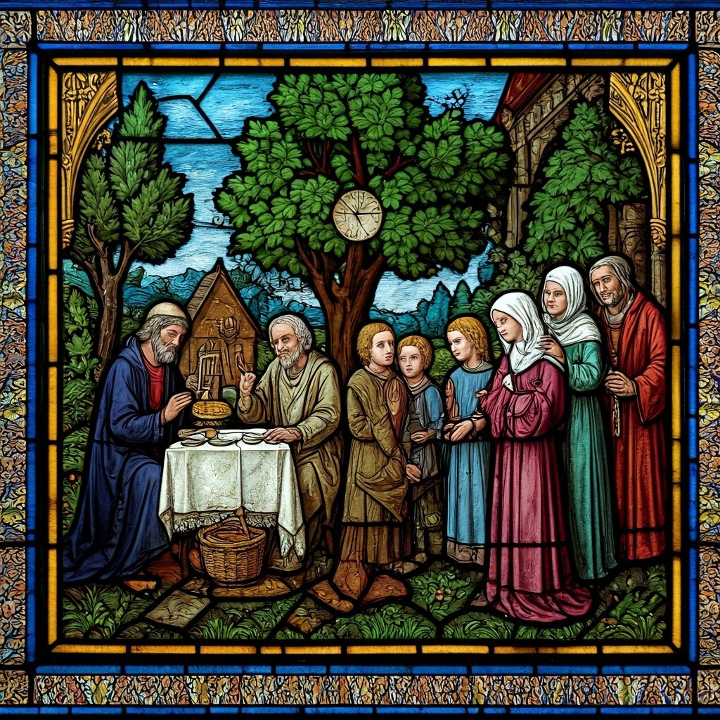 Stained-glass style image shows welcoming strangers, Sabbath rest, and honoring elders under Mosaic law.