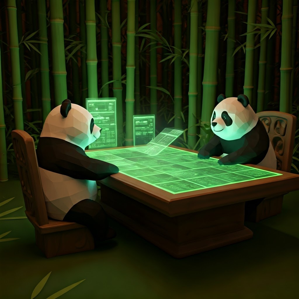Cartoon pandas around a glowing digital table filled with spreadsheet panels
