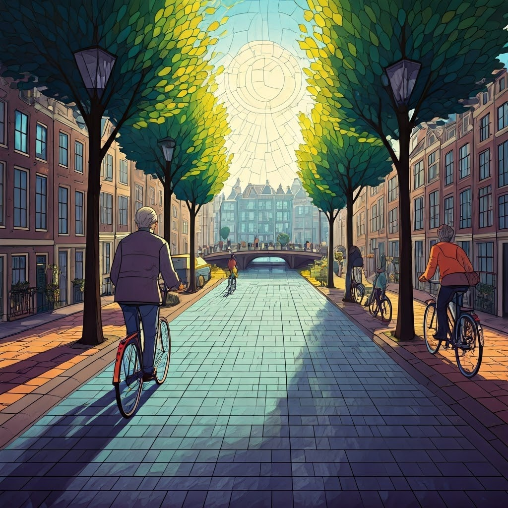 Amsterdam canal with protected bike lanes and relaxed cyclists of all ages, reflecting a people-first city.