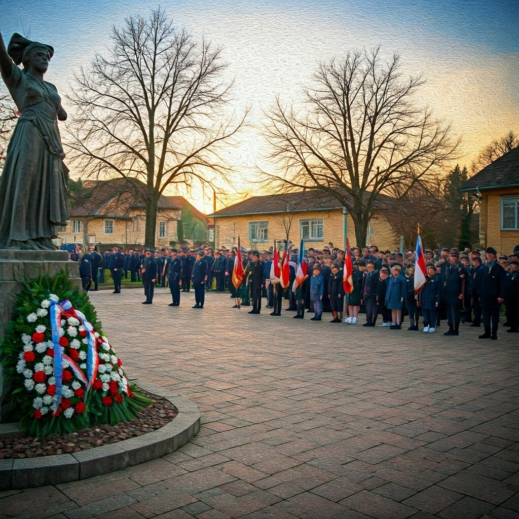 Village square dawn ceremony with wreaths, veterans, children, and gentle flags in warm morning light