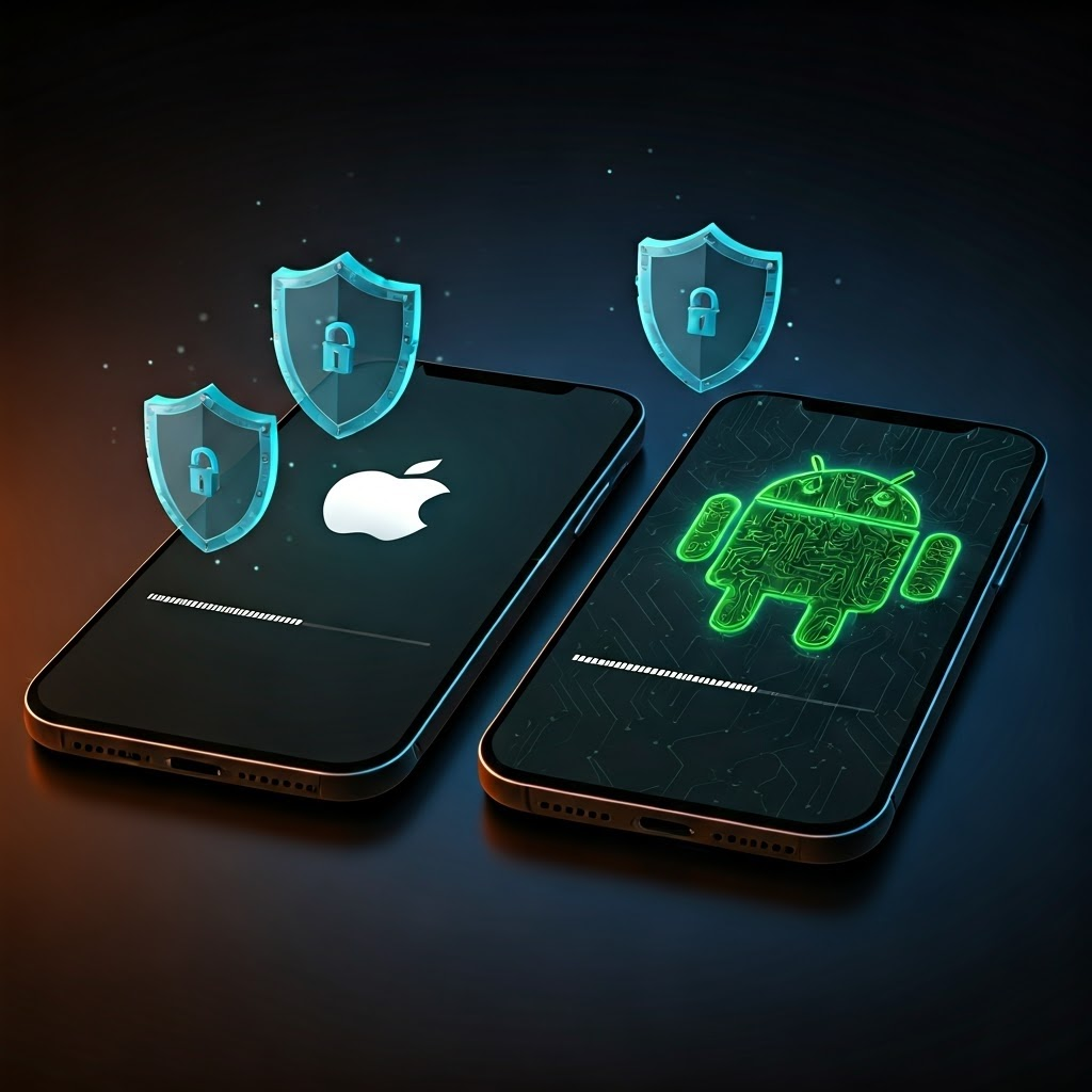 Two phones side by side show progress bars while translucent shields and padlocks float around them.