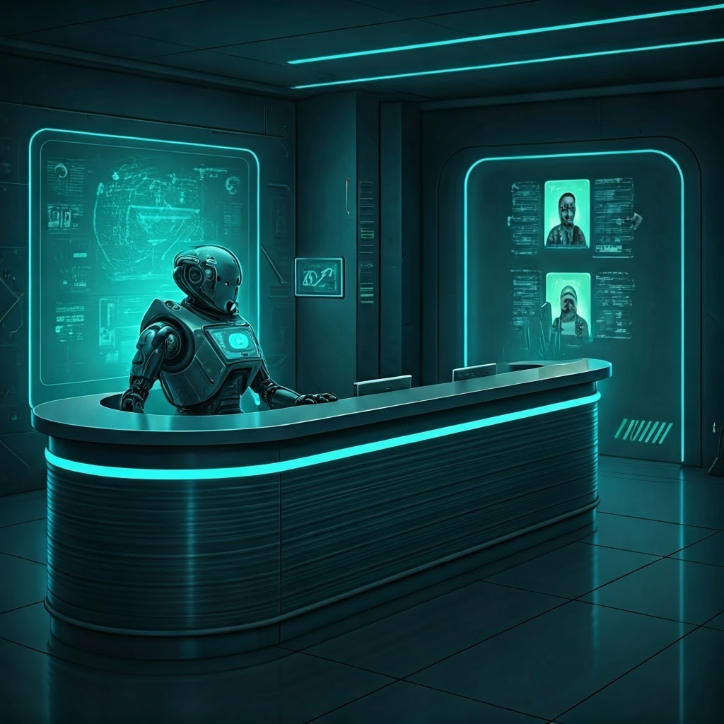 Reception robot directing avatars to different server wings, visualizing reverse proxy routing