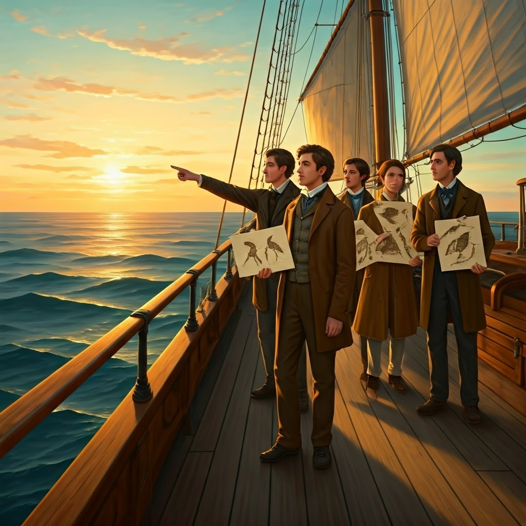 Young scientists on a sunrise ship deck holding sketches and fossils, foreshadowing voyages that shaped evolutionary theory