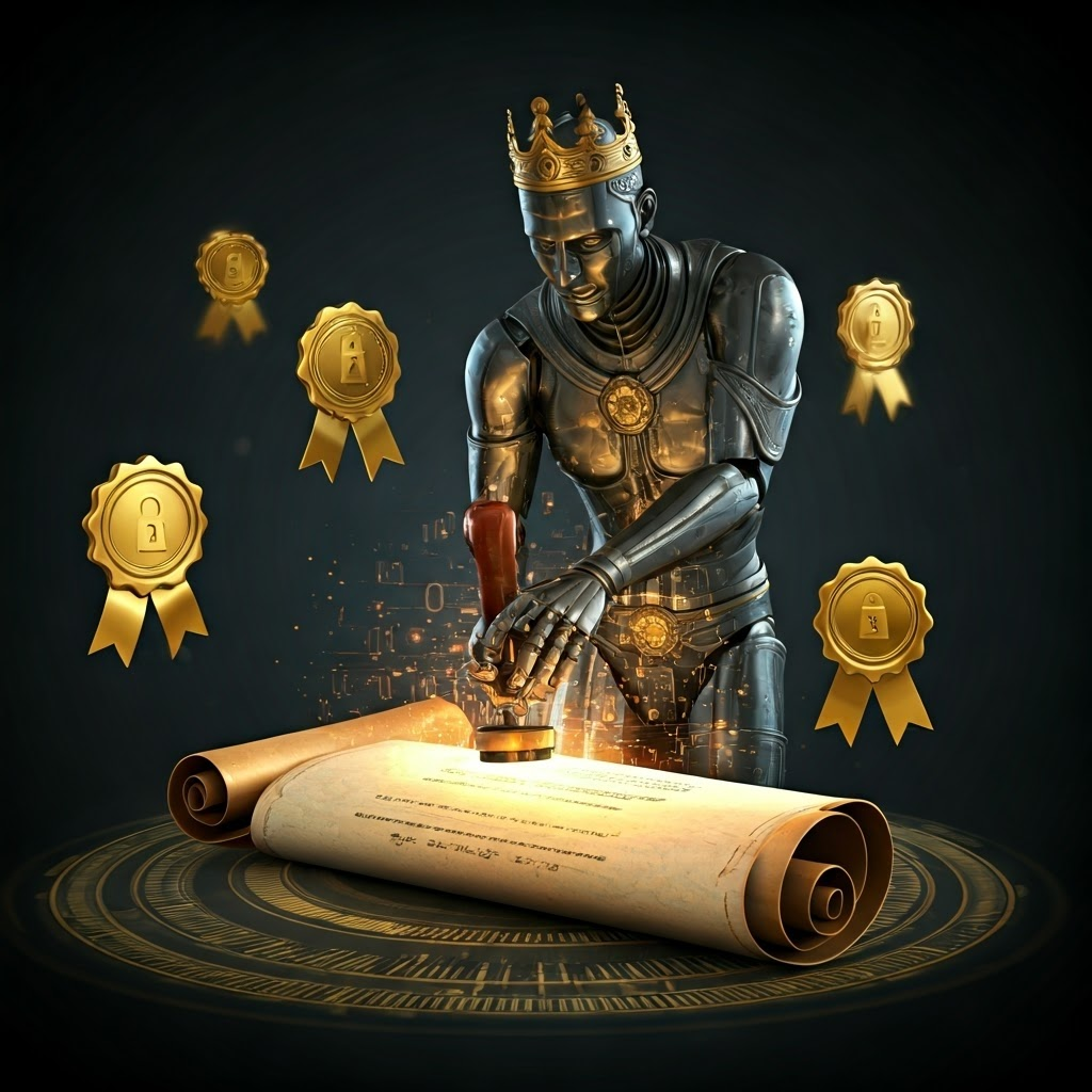 Metallic notary stamps a glowing digital certificate surrounded by holographic CA seals, visualizing certificate authorities