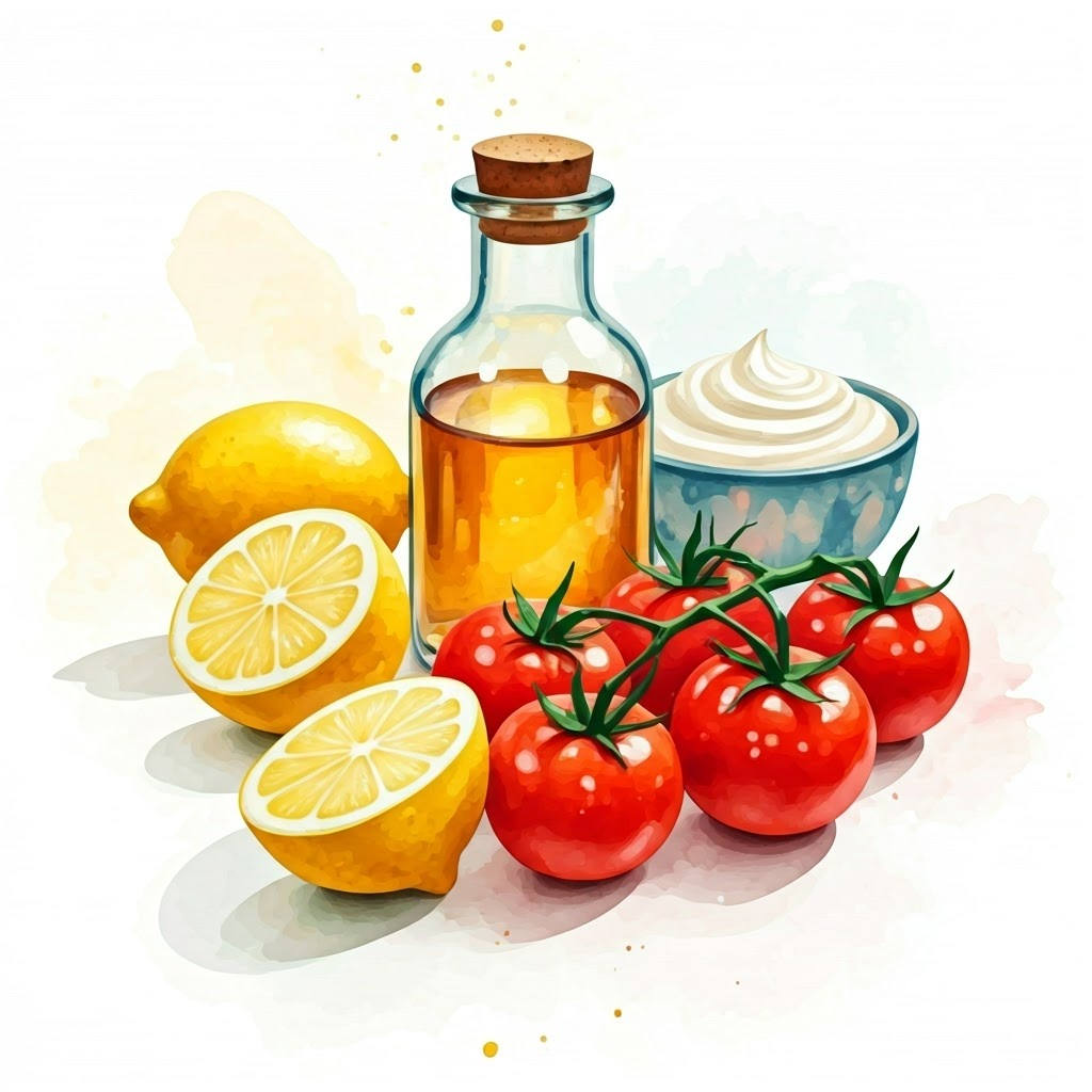 Watercolor illustration of lemons, tomatoes, vinegar, and yogurt arranged together to show common acidic foods in the kitchen