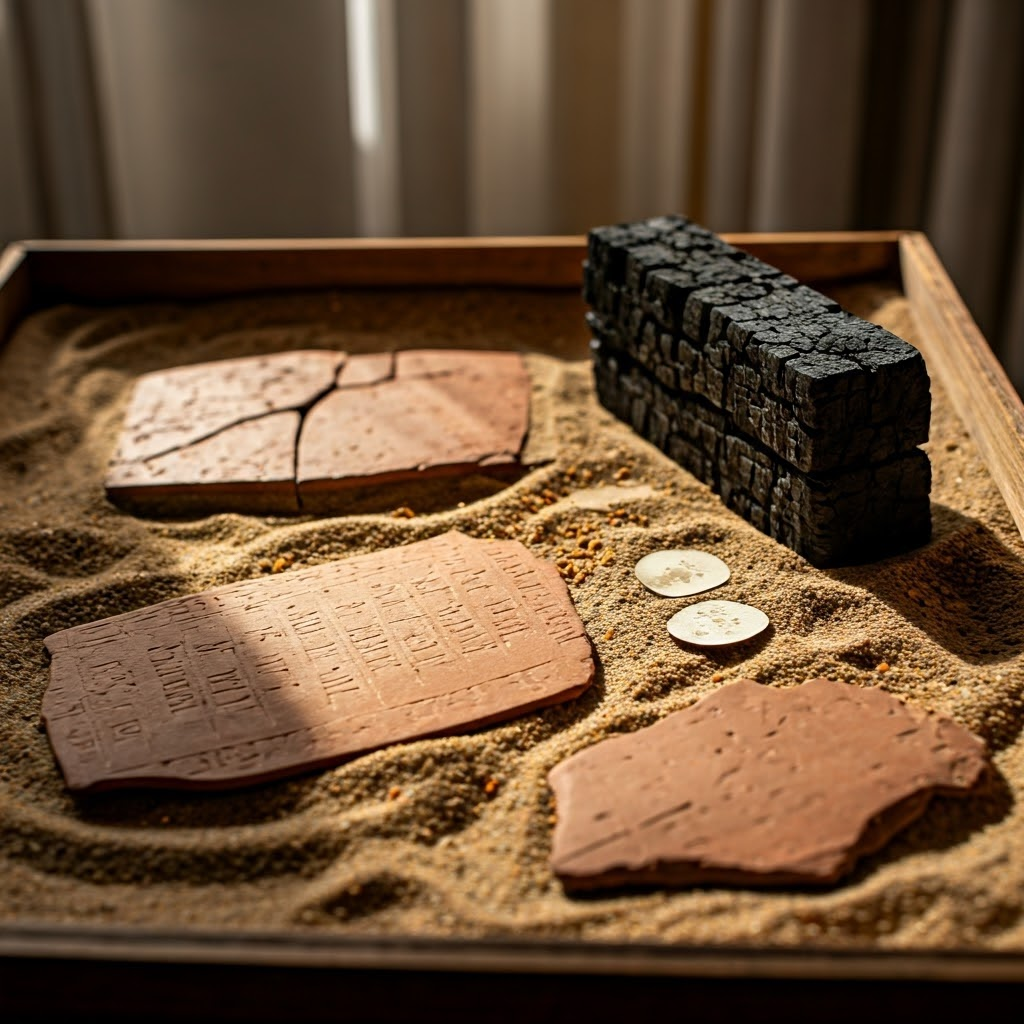 Artifacts like tablets and pollen samples arranged for research into Bronze Age collapse.