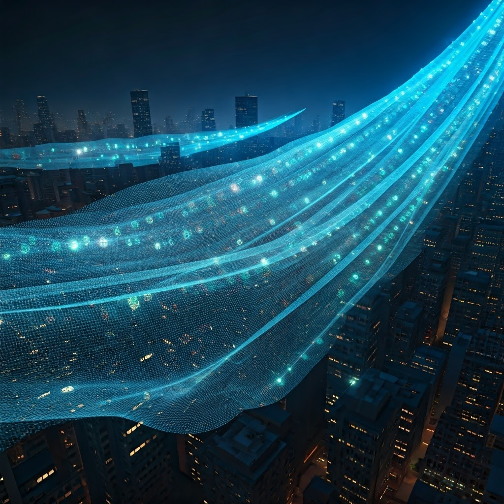 Low-poly nets catching streams of data above a dark city, conveying automated mass attacks.