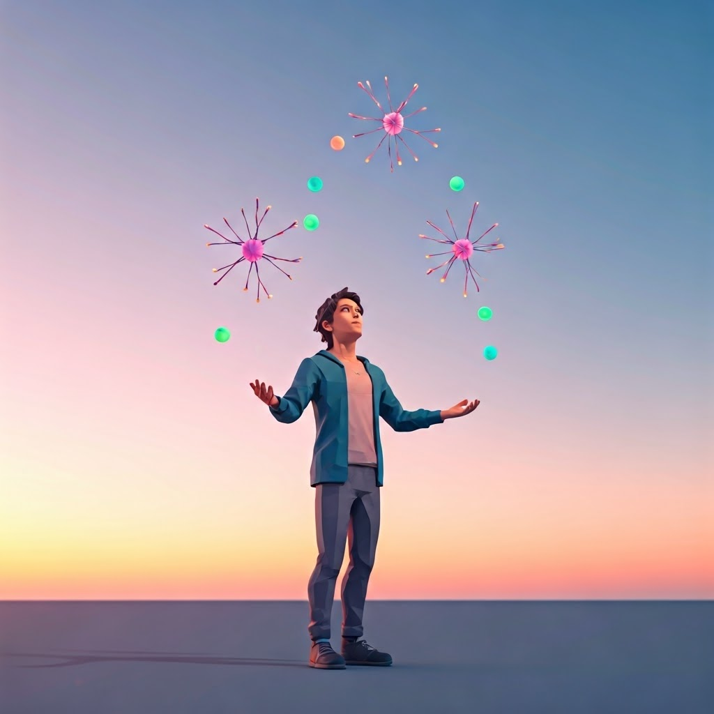 Pastel 3-D figure juggling neuron-like spheres, showing skill growth through new neural links.
