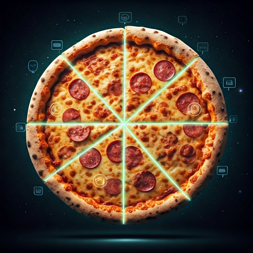 Giant space-floating pizza sliced by neon lines, each slice labeled with network icons to represent subnetting