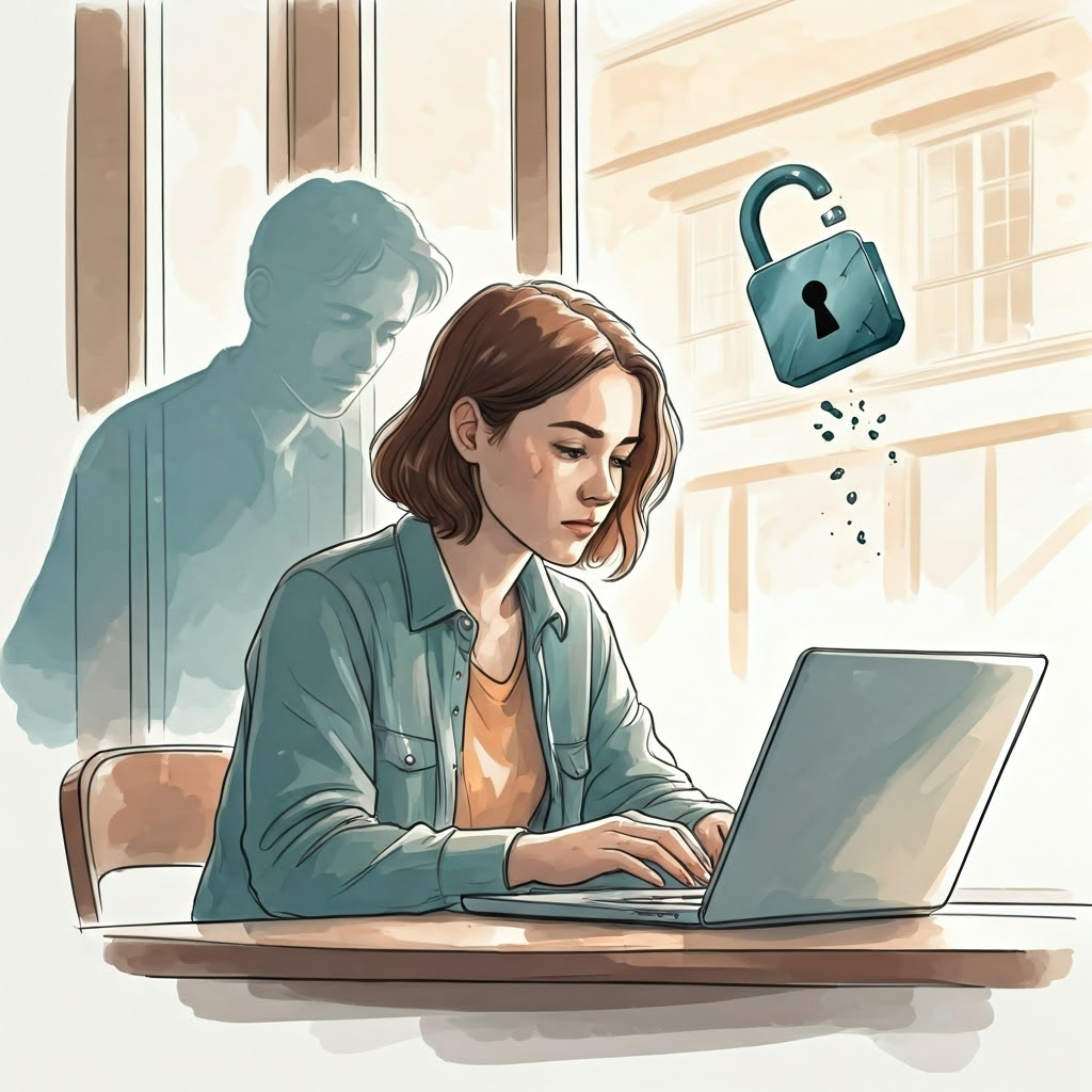 Busy café scene where an unaware laptop user is eyed by a shadowy figure, illustrating public-space risks.