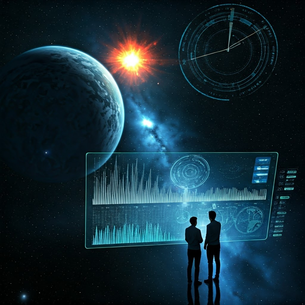 A panoramic sky overlaid with holographic spectral lines and Doppler arrows while astronomers analyze data