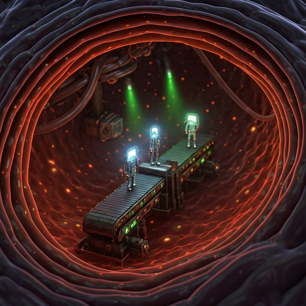 Futuristic microscopic factory inside a cell, color-coded conveyors showing genes turned on or off