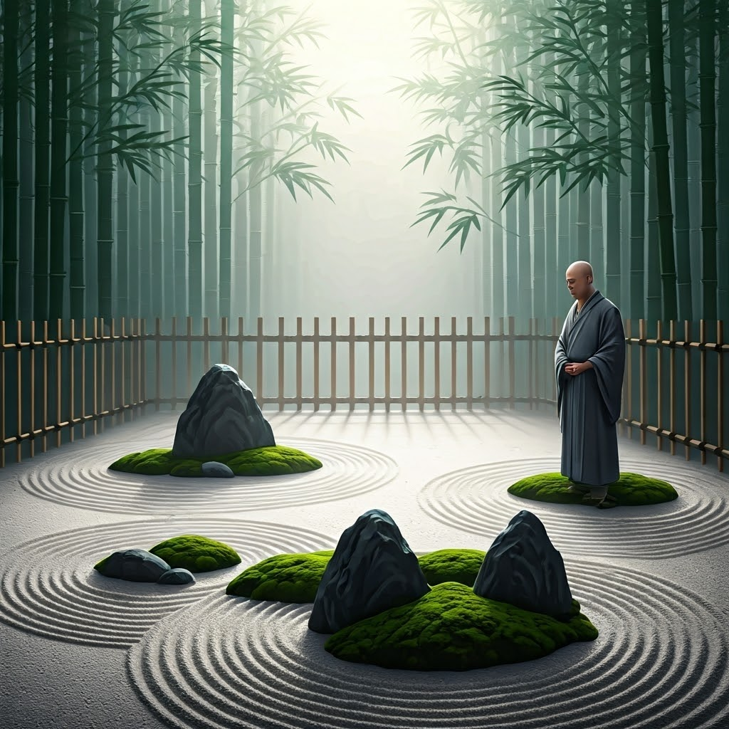 Minimalist rock garden with a Zen monk standing quietly, inviting silent reflection.