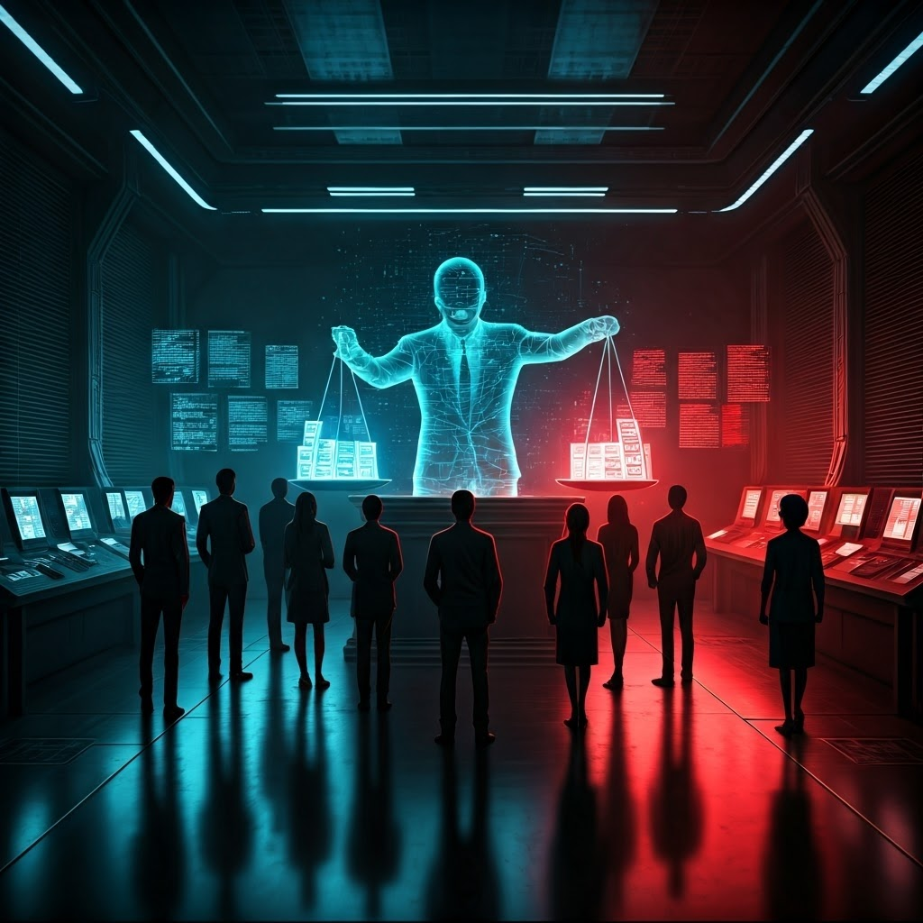 Illustration of an AI control room where digital scales weigh male and female resumes, highlighting gender bias in hiring.