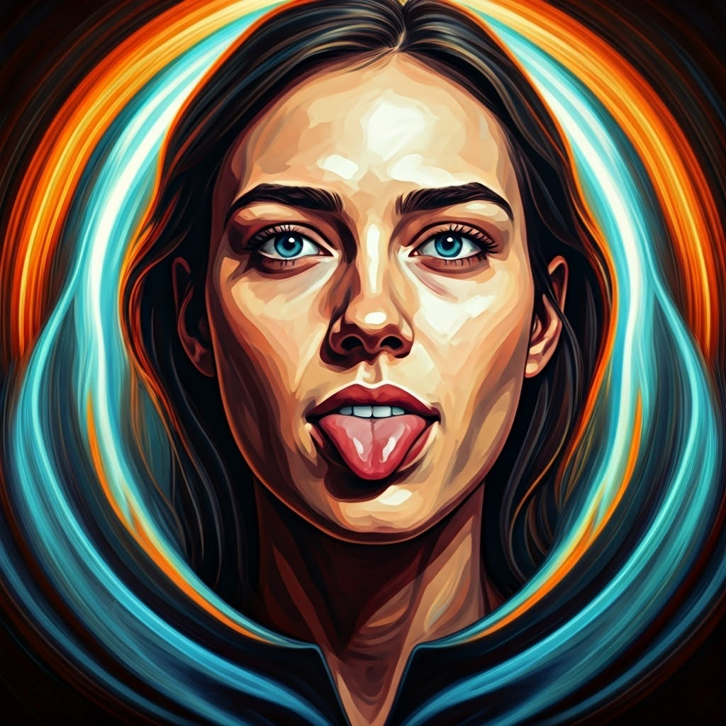 Person biting tongue amid swirling impulses, illustrating paused reactions.