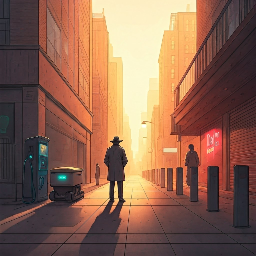 Early-morning sidewalk with EV charger, delivery robot, and green policy posters, showing small signs of transport change