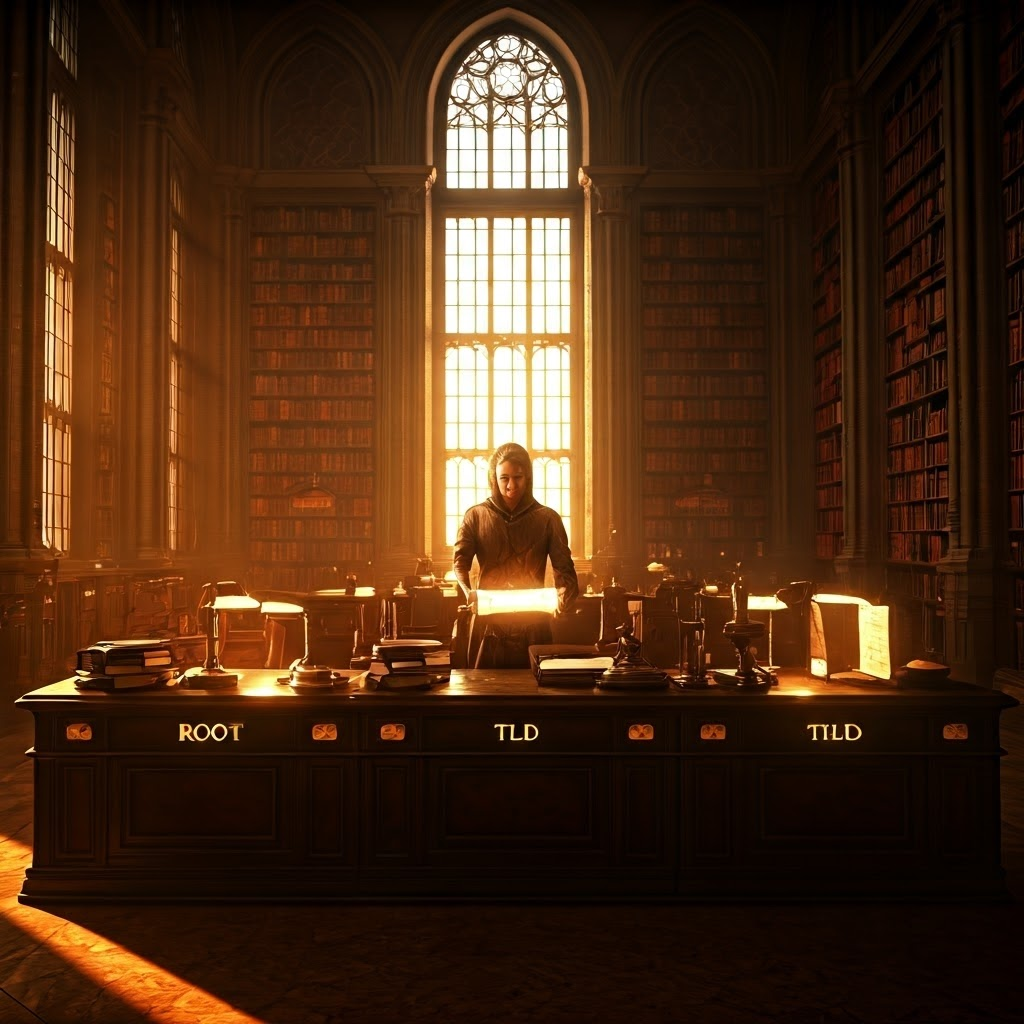 Grand library hall with three desks labeled Root, TLD, and Authoritative where robed librarians pass glowing scrolls in golden light