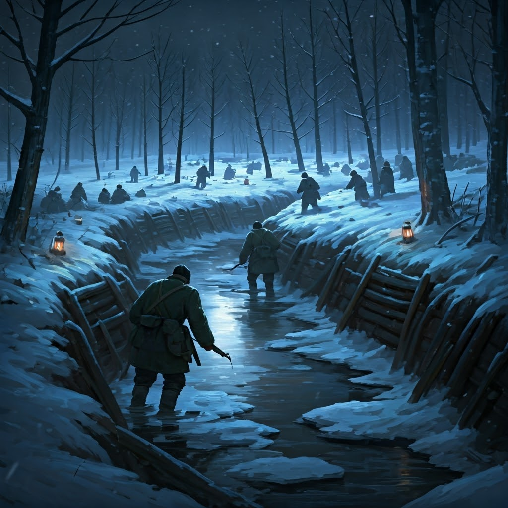 A winter battlefield at night with shadowy Chinese “volunteers” in heavy coats stealthily crossing a frozen river toward surprised UN trenches, faint lantern light flickering, snow swirling. Style: cold, atmospheric digital oil painting with strong chiaroscuro.