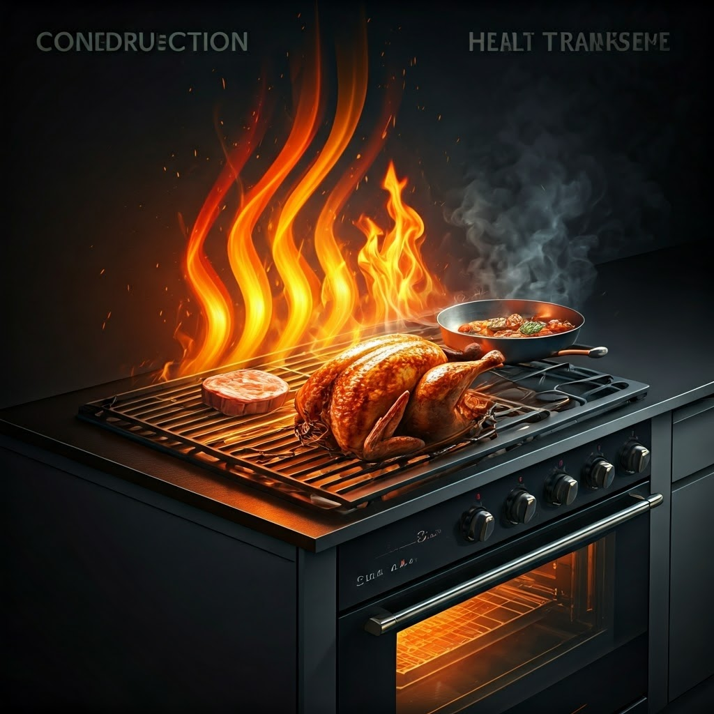 Cross-section of a kitchen showing grill, pan, and oven with colored waves illustrating three types of heat transfer