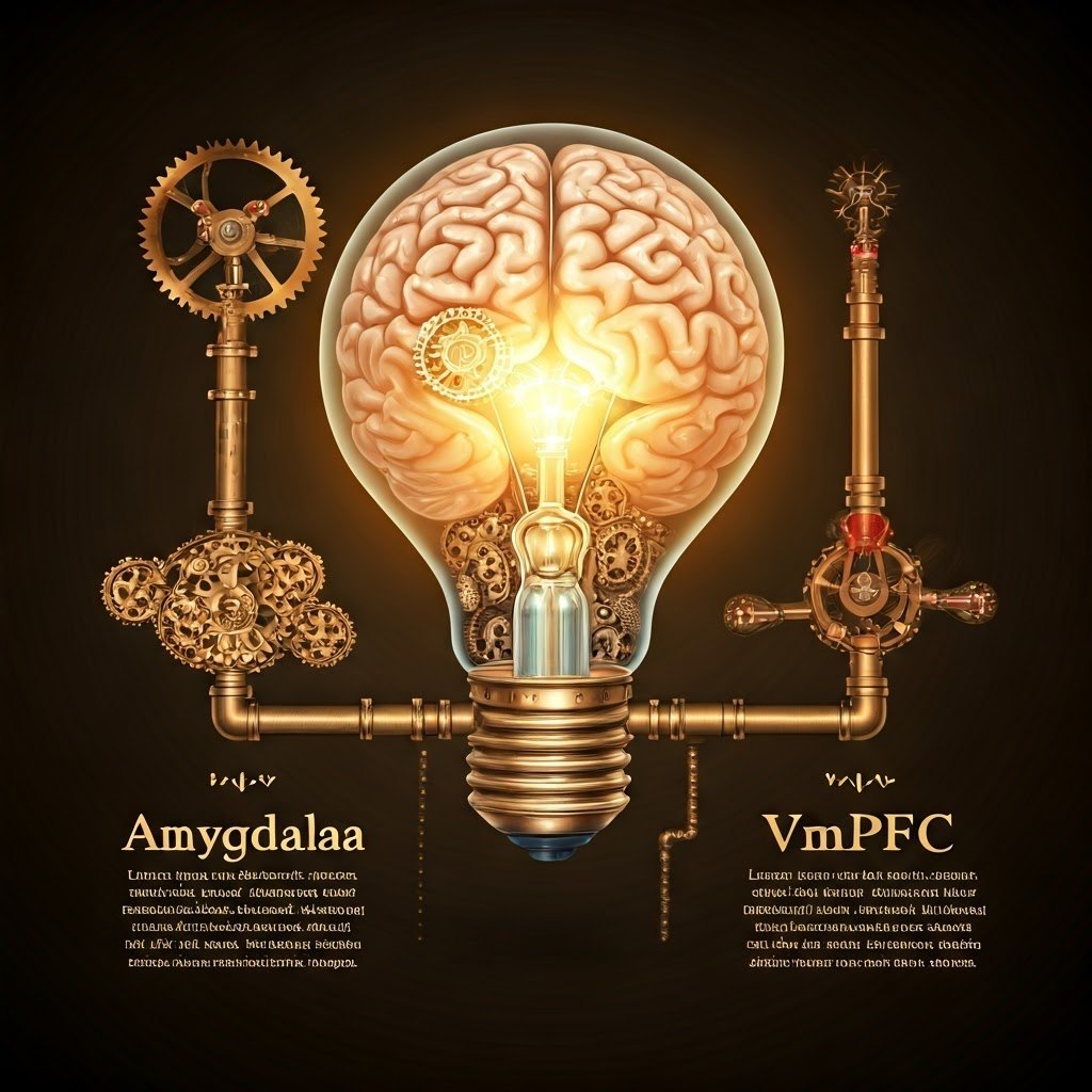 Steampunk infographic of the amygdala, vmPFC, and oxytocin molecules working together as brass gears driving a lightbulb brain