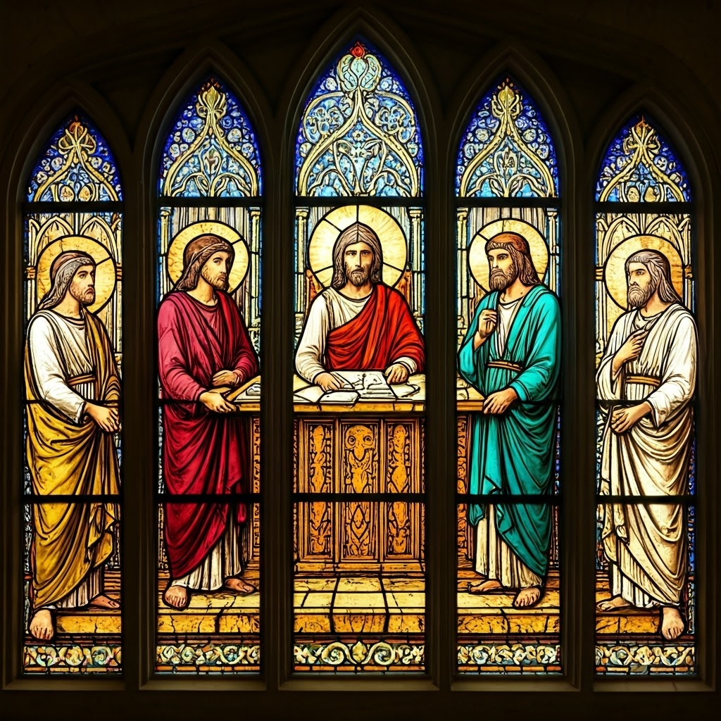 Luminous stained-glass panels show fifty citizens per tribe guiding policy around a central table.