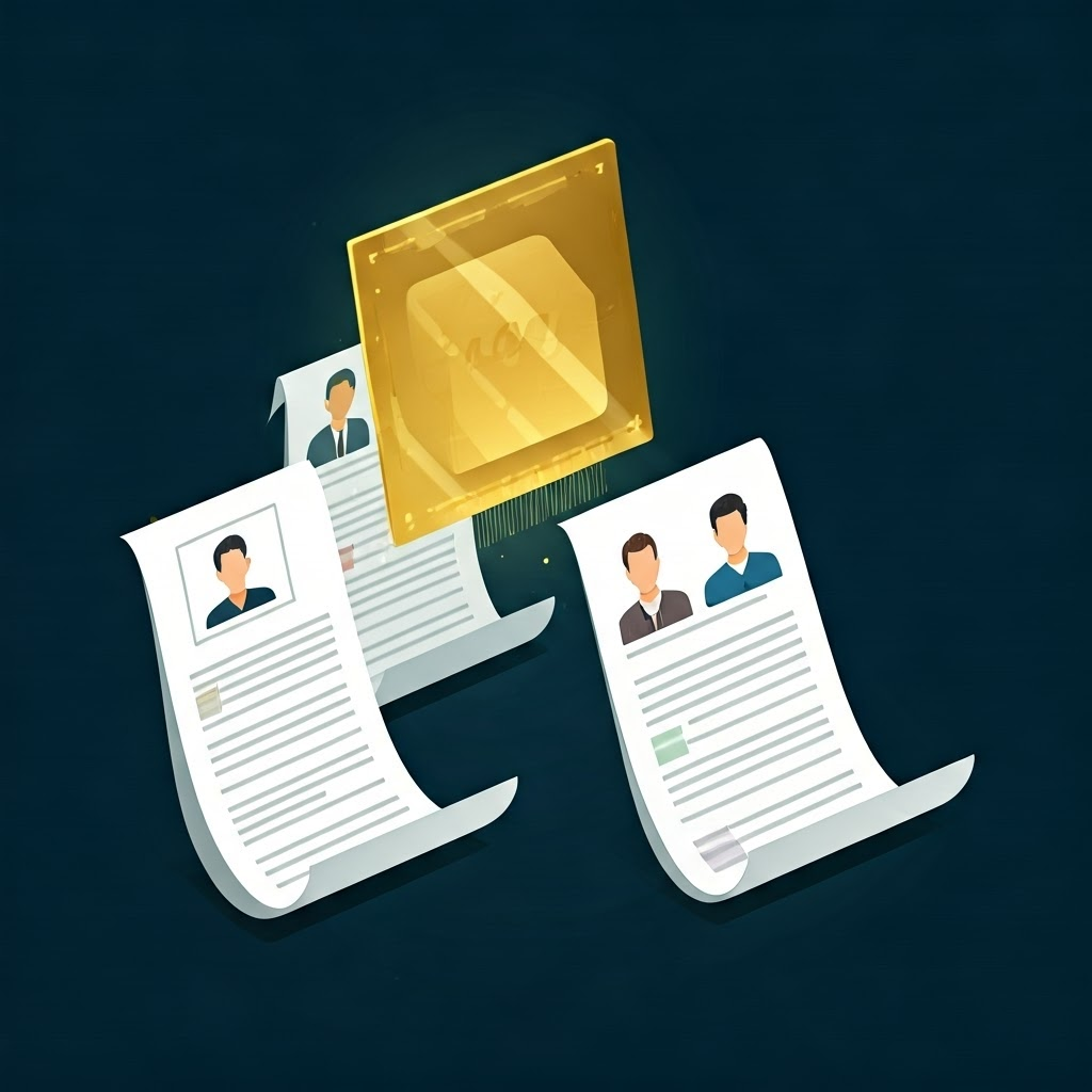 Infographic of diverse resumes scanned by an algorithm, showing potential bias in hiring AI