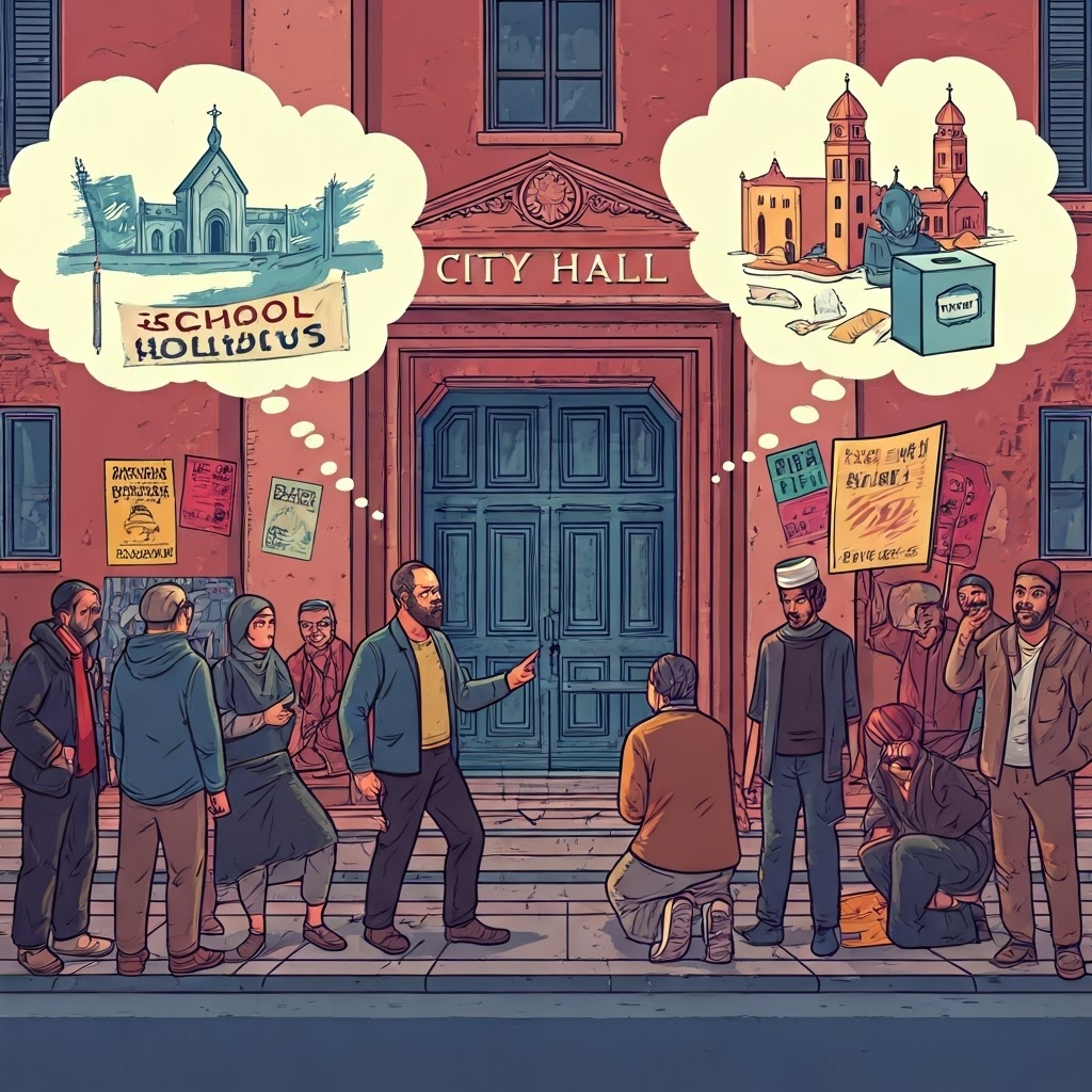 Street art scene of citizens debating holidays, statues, and prayer outside city hall