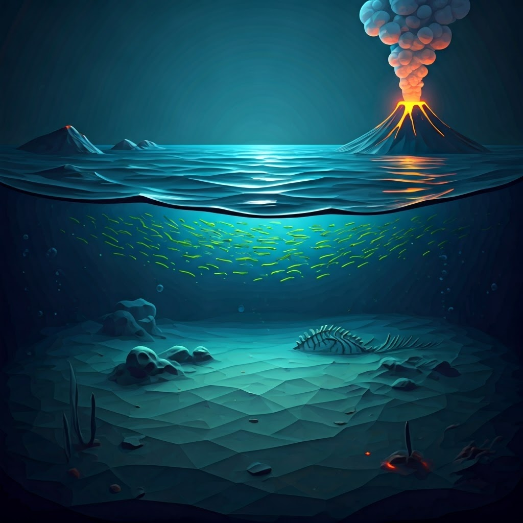 Low-poly 3D scene of sparkling ocean layers, phytoplankton, and ancient skeletons turning to limestone—highlighting ocean carbon pathways