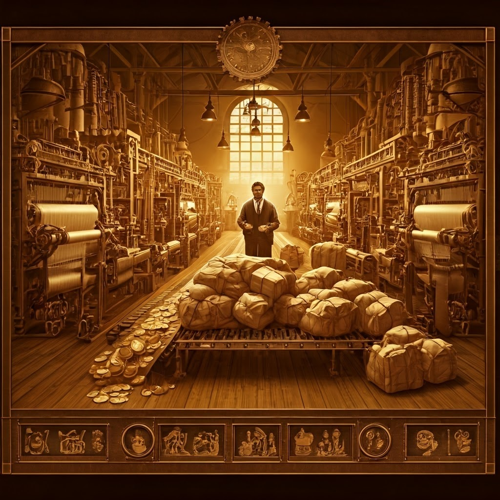 Steampunk factory overflowing with goods while a businessman counts coins under warm lamps.